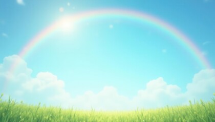 Rainbow over grassy field, bright sky, sunny day, peaceful scene, nature, ideal for backgrounds, perfect for cards