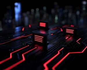 Futuristic circuit board with glowing red lights, symbolizing advanced technology and digital innovation.