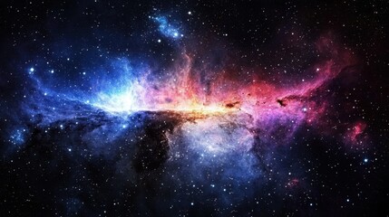 A majestic nebula stretching across deep space, glowing in shades of blue, purple, and red.