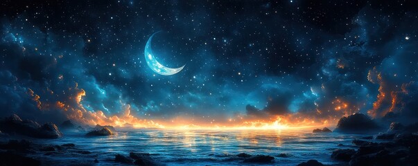 Fototapeta premium Celestial Seascape: A Night of Dreams under the Crescent Moon