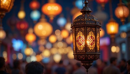 Fototapeta premium Arabic lantern set against a festive Ramadan celebration backdrop.