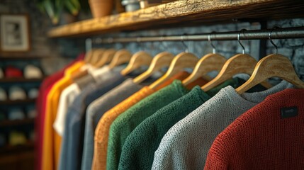 Obraz premium Colorful sweaters hanging on rack in rustic retail store display