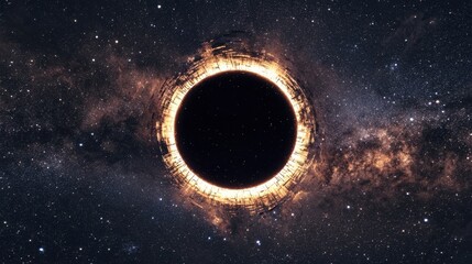 Fototapeta premium A massive space station orbiting a black hole, absorbing light into its core.