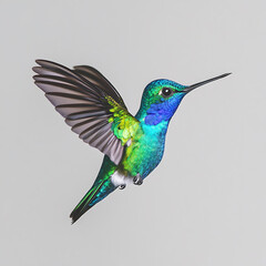 Fototapeta premium Vibrant hummingbird in mid-flight, displaying iridescent blue and green plumage against a neutral background.