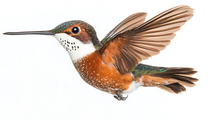 Fototapeta premium Hummingbird in mid-flight, showcasing vibrant orange, white, and iridescent green feathers against a clean white background.
