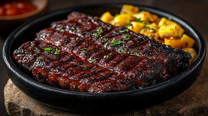 Fototapeta premium Grilled steak, potatoes, sauce, dark wood background, restaurant meal