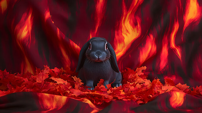 A velvety black lop rabbit sits amidst vibrant autumn leaves, set against a backdrop resembling fiery abstract art.