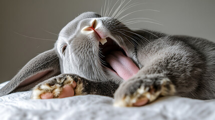 Obraz premium A gray rabbit yawns widely, exposing its tongue and teeth while resting on a soft, white surface.