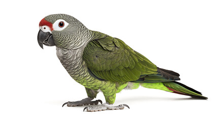 Obraz premium Green parrot with grey head and red patch, standing alert against a plain white background.