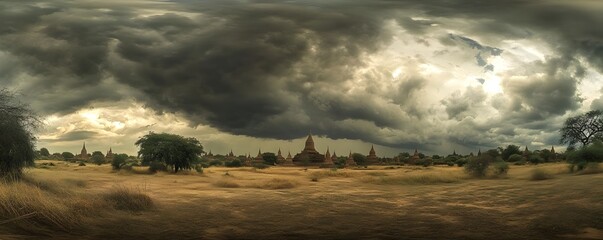 A panoramic shot of the Bagan plains, filled with iconic temples and stupas under a dramatic sky, capturing the spiritual essence of the area