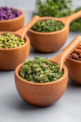 Assorted dried herbs and spices in rustic wooden bowls arranged on white background showcasing organic culinary ingredients with natural textures and earthy tones