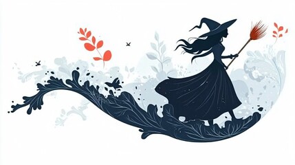 Enchanted witch girl isolated on broom