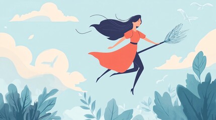 Enchanting Woman with Dark Hair Flying on Broomstick