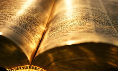 Open book with golden light shining from its pages. The soft glow creates a magical aura. Power of words, knowledge and wisdom from education