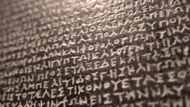 The Rosetta Stone, ancient stele inscribed with three scripts, key to deciphering Egyptian hieroglyphs. Macro close-up footage. Exhibit in museum.