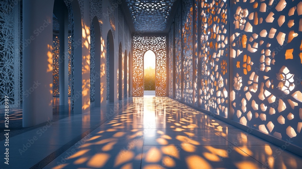 Poster Intricate patterns of light and shadow dance across polished marble floors as the sun sets, creating a magical atmosphere in a tranquil courtyard filled with serenity and reflection