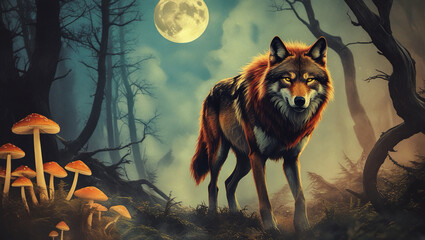 Vintage Earthy Watercolor Wolf Collage – Wilderness-Inspired Brushstroke Art with Moonlit Scenes, Foggy Forest, and Majestic Wolves