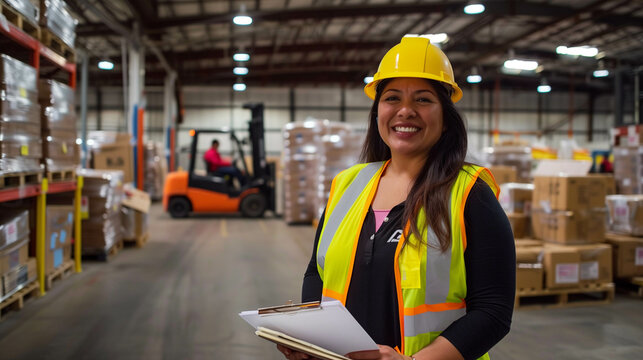 Smiling Female Warehouse Worker in Safety Gear Holding a Clipboard