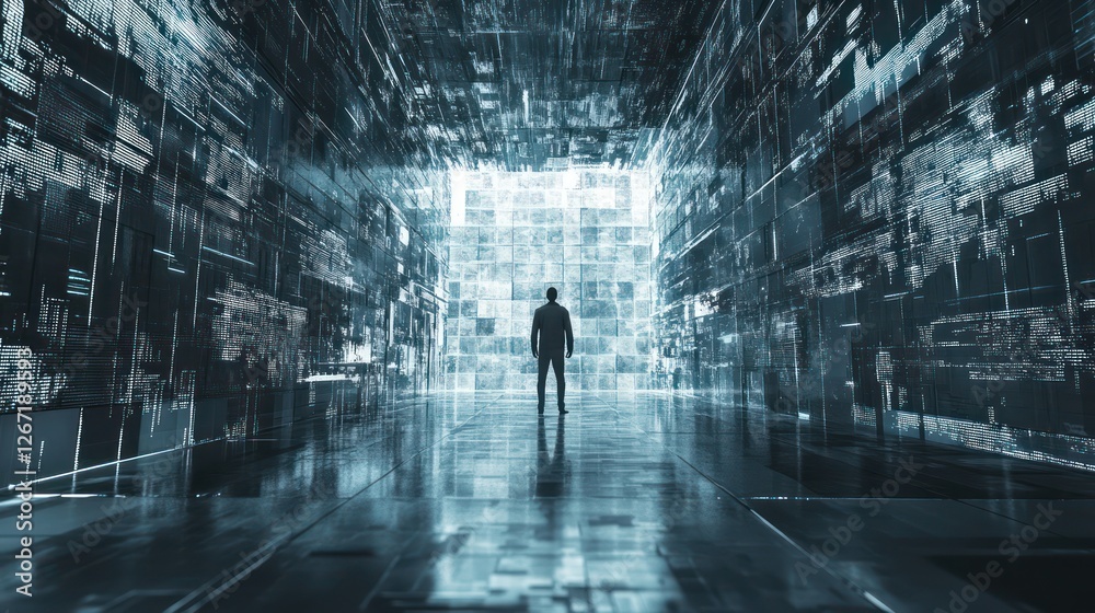 Poster man in data stream tunnel.