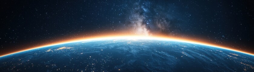 Fototapeta premium Stunning View of Earth from Space with Starry Background and Distant Galaxy Glow