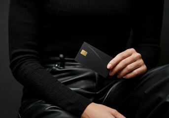 Caucasian woman showing black credit card, wearing black turtleneck sweater and leather pants, sitting on black background, concept of finance and online shopping