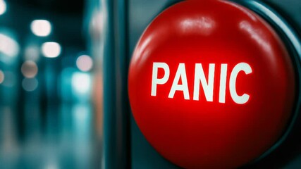 The image shows a closeup of a bright red panic button in an industrial setting, symbolizing an urgent alert