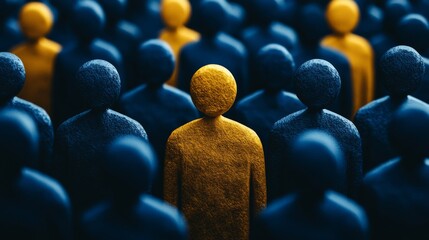 Obraz premium Conceptual image of a single golden figure standing out among a sea of identical blue figures representing individuality and leadership