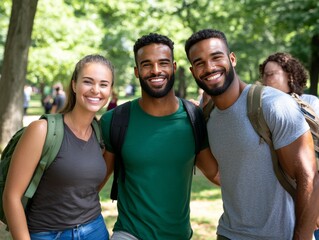 Group of three fit friends smiling outdoors in casual sportswear symbolizing fitness friendship and active lifestyle in natural lighting