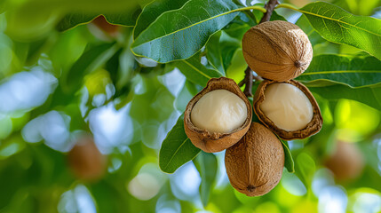 Close-up of shea nuts growing on the branches of a shea tree, with one or two nuts split open to reveal their creamy, textured interiors.