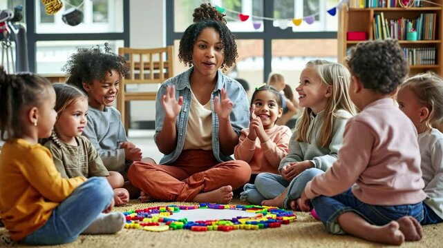 Morning circle time. Black teacher and engaging children in collaborative learning activities at a kindergarten, daycare or community center during a sunny afternoon
