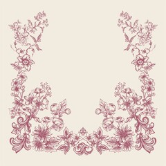 Modern interpretation of the Toile de Jouy style in digital illustration. Card, background, poster of botanical motifs in pastel colors. Line illustration with background.