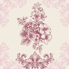 Modern interpretation of the Toile de Jouy style in digital illustration. Card, background, poster of botanical motifs in pastel colors. Line illustration with background.