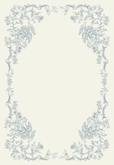 Fototapeta premium Modern interpretation of the Toile de Jouy style in digital illustration. Card, background, poster of botanical motifs in pastel colors. Line illustration with background.
