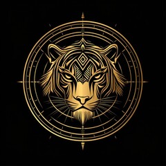 Golden tiger head in mystical compass design, graphic art, possible use as logo or wall decor