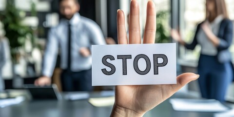 Woman s Hand With Stop Sign Over Blurred Background Of Office Harassment Confrontation