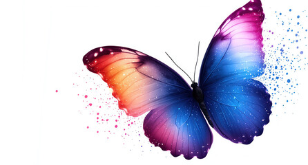 Colorful butterfly with vibrant wings and paint splatter effect on white background.
