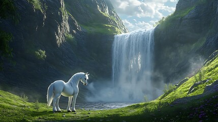 A unicorn standing in front of a heart-shaped waterfall, surrounded by love.