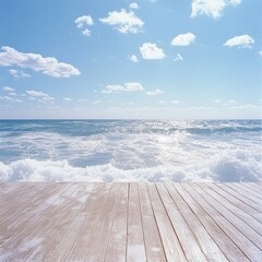 Waves crashing on wooden deck beachfront scenic landscape calm ocean panoramic view serene atmosphere