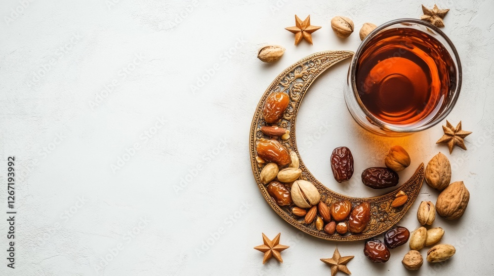 Poster exquisite display of various dates, nuts, and a refreshing drink beautifully presented on a crescent