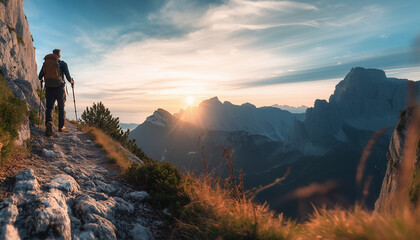 Obraz premium A man hiking in mountains at sunset, viewed from behind with a dramatic sky and sun rays.