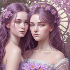 Naklejka premium 花飾りの双子