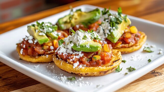 Delicious mexican sopes with fresh avocado cheese and cilantro on a white plate closeup
