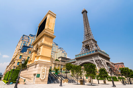 Macau- September 25, 2019: Beautiful night view of the Eiffel Tower at Parisian Macao is a casino resort on the Cotai Strip in Macau, China, owned by Las Vegas Sands.