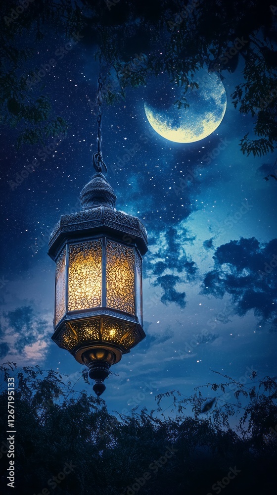 Poster golden light emanates from a beautifully crafted lantern, casting a warm glow against the backdrop o