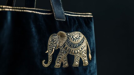 Close up of Black Velvet Tote Bag with Embroidered Gold Elephant Design