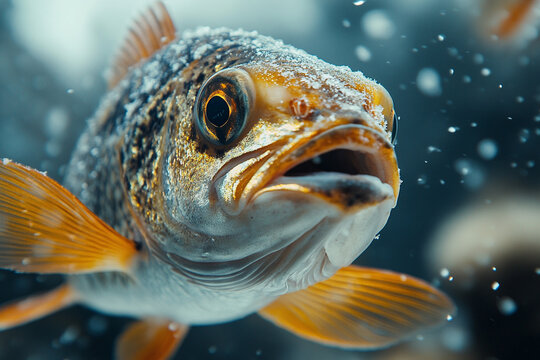 Detailed portrait of a fish scales, swimming in bubbling deep water