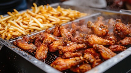 Crispy fries and golden chicken wings sizzle in a commercial deep fryer, filling the bustling kitchen with rich aromas.