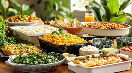 Fototapeta premium Abundant and Colorful Mexican Fiesta Buffet with Rice Beans and Savory Dishes on Wooden Table