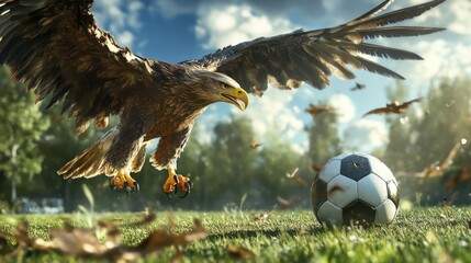 Majestic Eagle Descending on Soccer Ball in a Lush Green Field