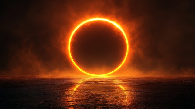 A glowing orange ring hovers above a reflective dark surface